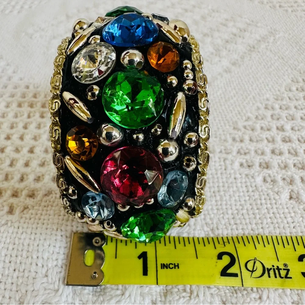 VTG Bold Jewel Tone Mosaic Cuff Bangle Bracelet Gold Tone Chunky Ren Faire Retro